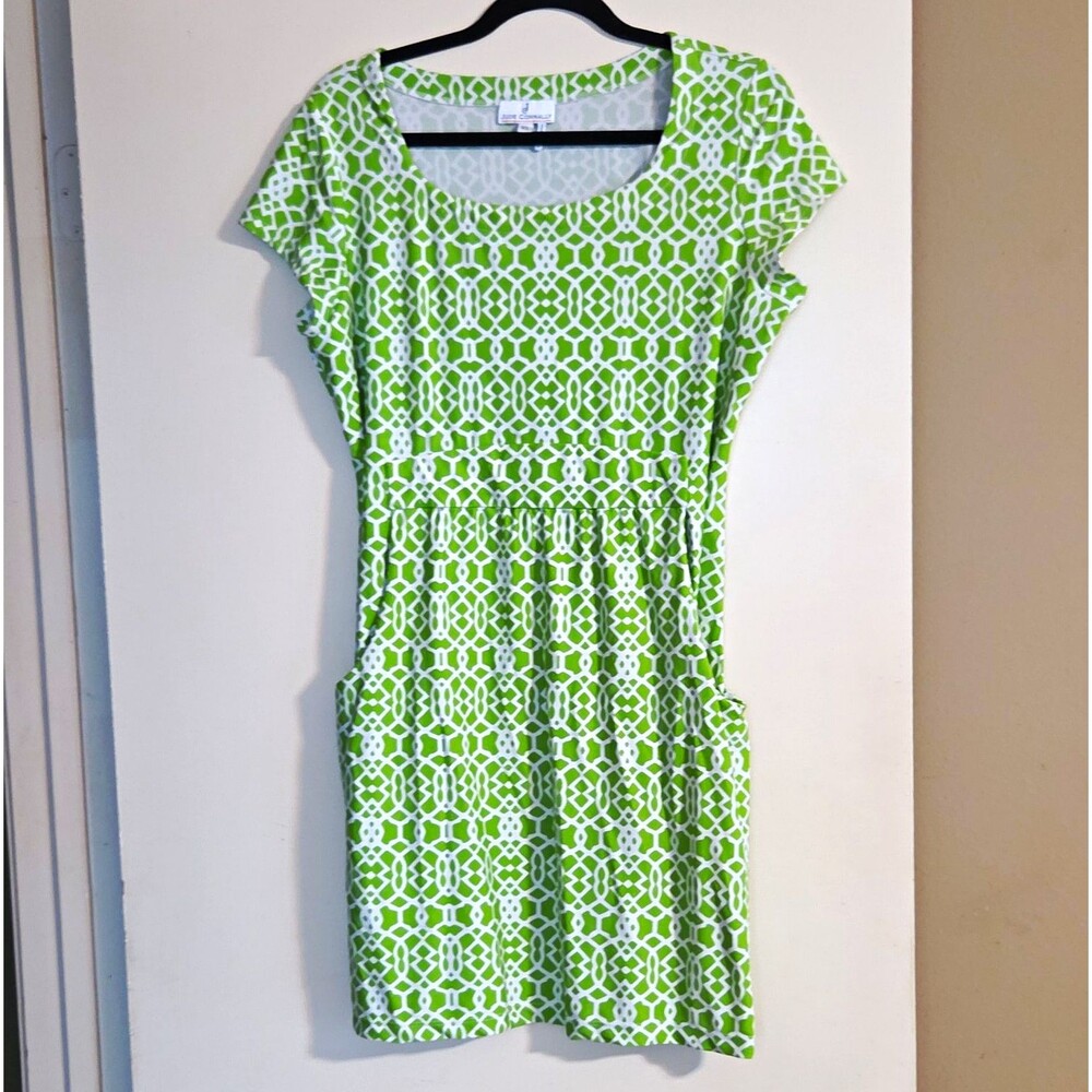 Jude Connally XL Green/White Geometric Knit Shift Dress Short Sleeve Pockets